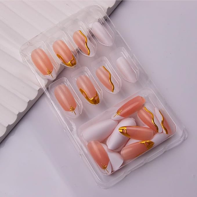 French Tip Press on Nails Almond Fake Nails with 3D Gold Line Sun Design White Acrylic False Nails Press ons Medium Glossy Full Cover Stick on Nails for Women Manicure 24Pcs