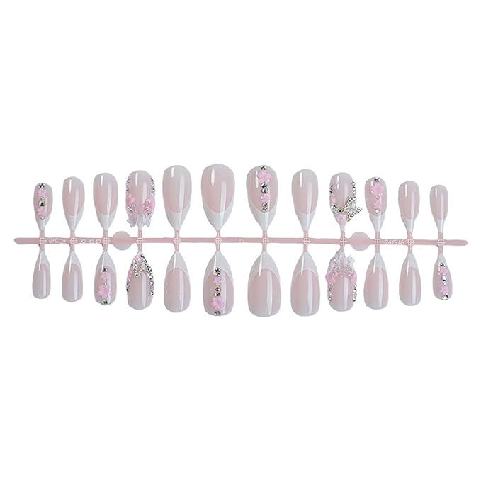 24Pcs 3D Flower Press on Nails Medium Almond Fake Nails with Gold Pink Bow Butterfly Rhinestones Full Cover Artificial Glue on Nails French Tip False Nails Summer Pink Floral Stick on Nails for Women