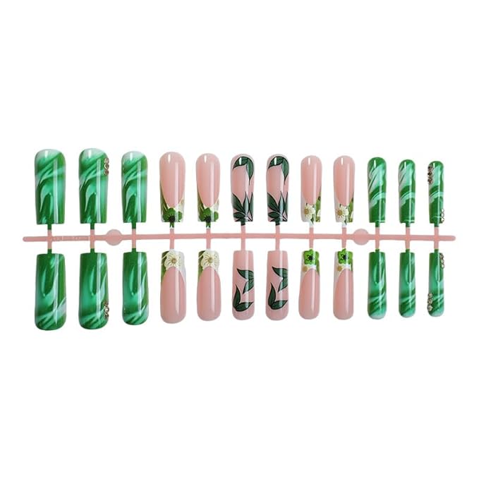Long Press on Nails Square Fake Nails French Tip False Nails Green Artificial Nails with Designs Stick on Nails for Women 24pcs