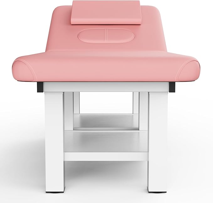 pouseayar Metal Frame Wide Stationary Massage Table for Treatment Table Physical Therapy Table Spa Facial Bed, PU Leather 31.5'' Wide 75'' Long (Pink, Segmented Structure)