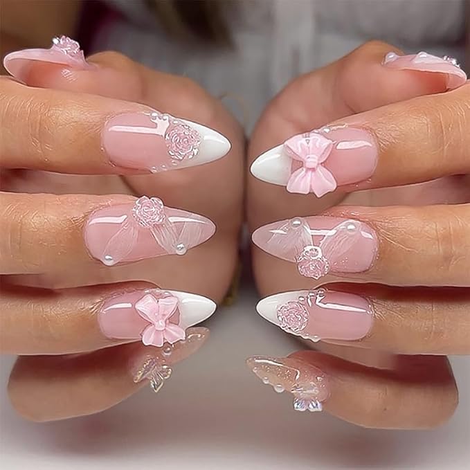French Tip Press on Nails Medium Almond Fake Nails Bow Flowers False Nails Nude Pink Acrylic Nails with Designs Pearl Glue on Nails Artificial Nails for Women Girls Manicure Art Decoration