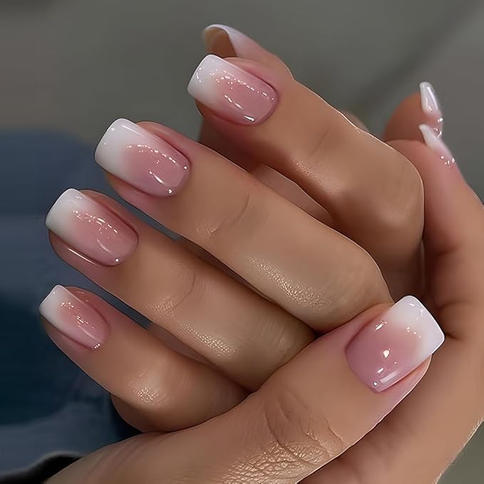 Short Press on Nails Square Fake Nails Pink White Gradient Acrylic Nails Press on Glossy French Tip Glue on Nails with Designs Medium False Nails with Glue Summer Artificial Nails for Women 24Pcs