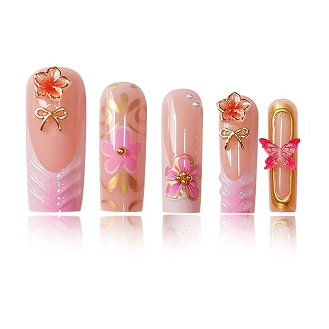 24Pcs Long Press on Nails French Tip Fake Nails with 3D Flower Butterfly Designs Pink Gold Floral Bow Nail Charms Artificial Acrylic Nails Luxury Glue on False Nails for Women Manicure Decorations