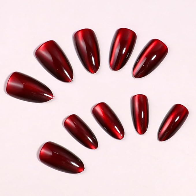 30Pcs Wine Red Press on Nails Short Almond Fake Nails Cat Eye Acrylic Nails Glossy Shiny False Nails Jelly Design Red Full Cover Glue on Nail Press on for Women Girls Manicure & Nail Art