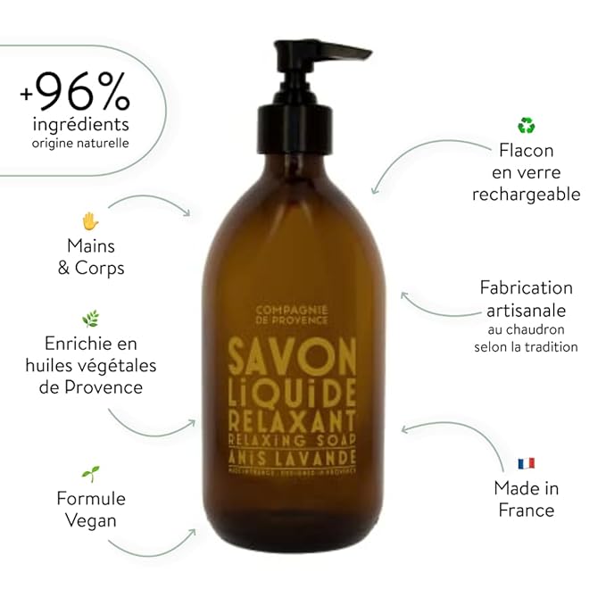 Compagnie de Provence Savon de Marseille Apothicare Liquid Soap, Anise Lavender, 16.7 Fl Oz Glass Pump Bottle