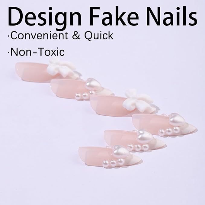 24Pcs White French Tip Press on Nails Medium Almond Fake Nails with Glitter Heart Nail Charms Acrylic Nails Cute Pearls Bow Full Cover False Nails Nude Pink Glue on Nails for Women DIY Stick on Nails