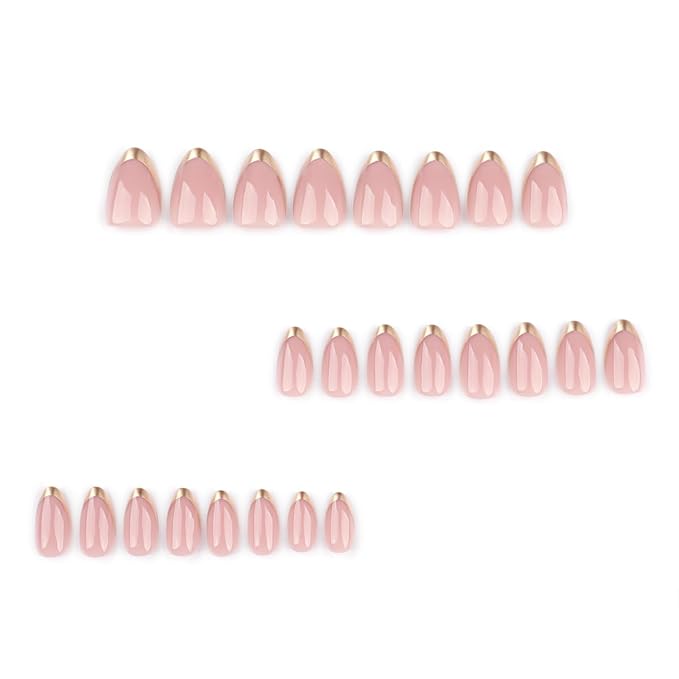 Almond Press On Nail Short, Pink Fake Nails with Elegantly Crafted Gold French Tips, Glossy Gel Finish, Thick Natural Reusable Glue On Nails Kit for Women 24Pcs, Golden Chic