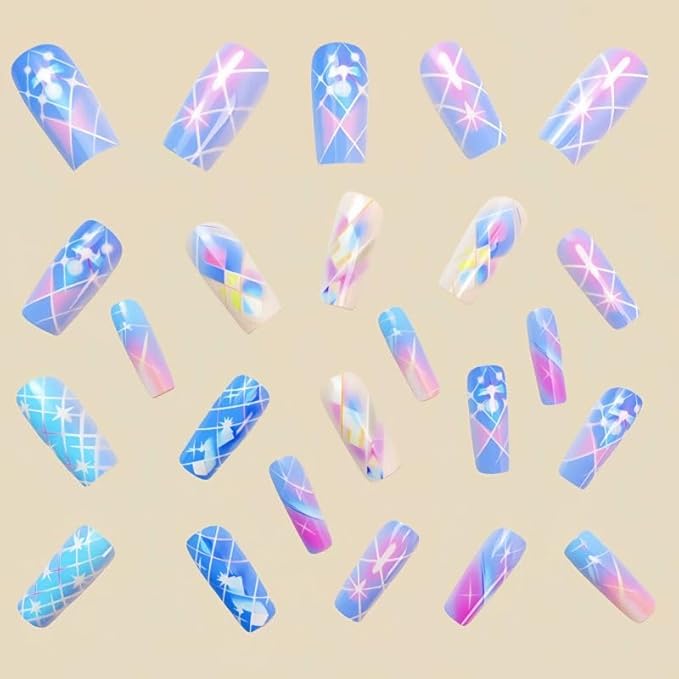Long Press on Nails Square Shape with Design Fake Nails Hot Girl Glue on Nails for Prom and Party Gift for Women 24pcs