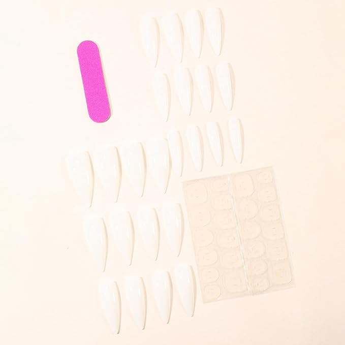 Almond Press on Nails Long Solid White Fake Nails Full Cover Glossy Stick on Reusable False Nails for Women 24 Pcs