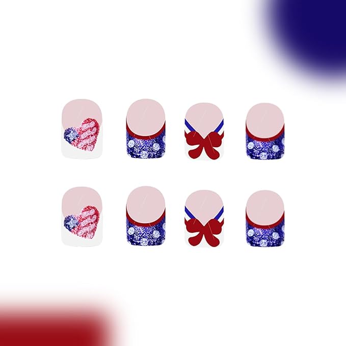 24Pcs Independence Day Press on Nails Short French Tip Fake Nails 4th of July Glue on Nails Glitter Heart American Flag Acrylic Nails Bow Nails Tip Cute False Nails Patriotic Stick on Artificial Nails