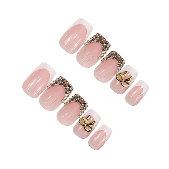 24Pcs French Tip Press on Nails Short Square Fake Nails with Luxury Gold Bow Rhinestones Design Glitter False Nails Full Cover Artificial Glue on Nails Nude Stick on Nails for Women Manicure Salon DIY