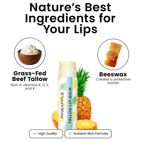 Tallow Lip Balm by Cattle Creek – Organic, All-Natural Ingredients, Long-Lasting Moisture and Hydration for Dry, Cracked, and Chapped Lips, Soothing Formula for Soft Skin (Pack of 3, Pineapple)