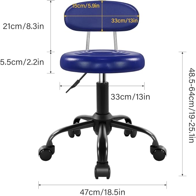 Rolling Stool with Wheels Swivel Stool with Back Height Adjustable Chair Ideal for SPA Salon Home Office Drafting Work (Blue)