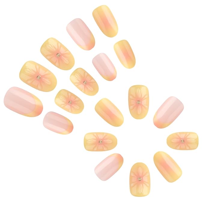 Fall French Tip Press on Nails Short Almond False Nails With Yellow Pink Gradient Design Full Cover Glue on Nail Reusable 3D Flower Acrylic Fake Nails Glossy Artificial Stick on Nail for Women