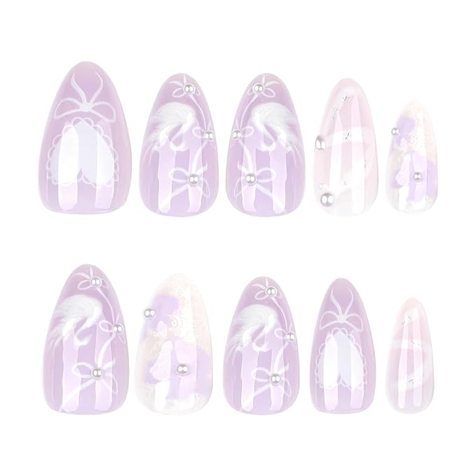 24Pcs Purple Press on Nails Medium Almond Fake Nails with 3D White Swan Designs Glue on Nails Full Cover Heart Bow Acrylic Nails Flower False Nails Lace Ribbon Stick on Nails for Women Nail Supplies