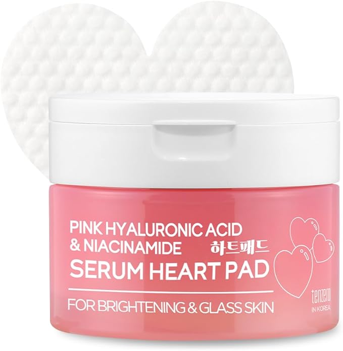 TENZERO Pink Hyaluronic Acid Niacinamide Serum Heart Pad (50 Count, 150g), Hydrating & Brightening Glowing Face Toner Pads, Korean Facial Radiance Pads, Dry Skin