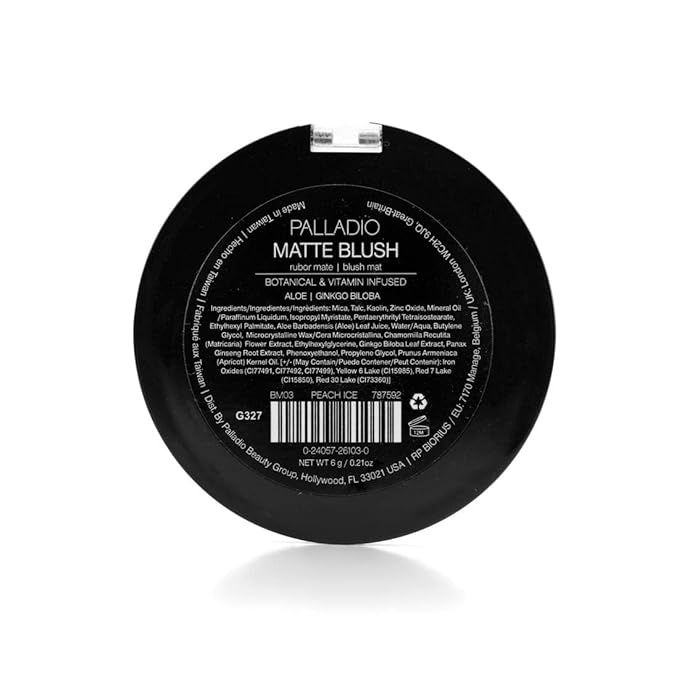 Palladio Matte Blush, Brushes onto Cheeks Smoothly, Soft Matte Look and Even Finish, Flawless Velvety Coverage, Effortless Blending Makeup, Flatters the Face, Convenient Compact, Peach Ice