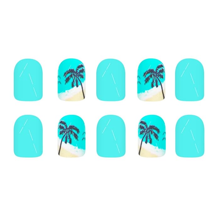 Summer Press on Nails Short Square Fake Nails Plam Tree False Nails Beach Glossy Full Cover Blue Acrylic Glue on Nails Reusable Cute Artificial Stick on Nails for Women Manicure 24 Pcs