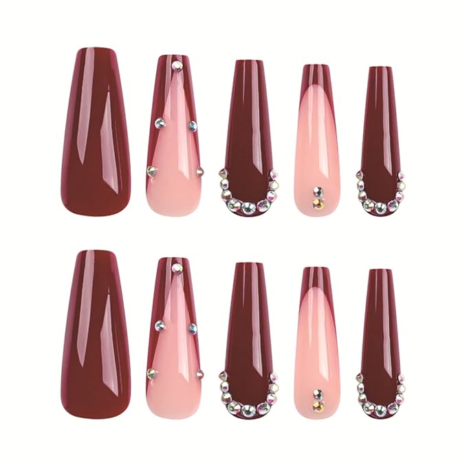 Red Press on Nails Classic French Tip with Sparkling Rhinestones Long Coffin Fake Nails Burgundy Nails Full Cover Glossy Glue on Nails for Women 24PCS