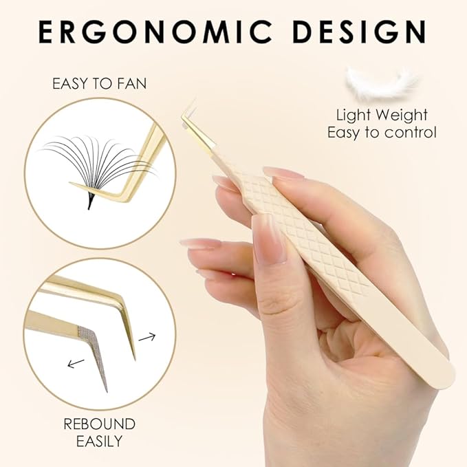 Beige Fiber Tip Lash Tweezers for Eyelash Extensions – L Shape 90-Degree for Volume Fan Making, Professional Precision Lash Extension Tweezers