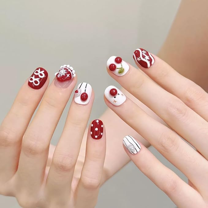 Handmade Press on Nails Short Square Fake Nails Christmas French Tip with 3D apple cherry Snowman Designs Red Glitter Cute Acrylic Nails for Women 10pcs (Size M）