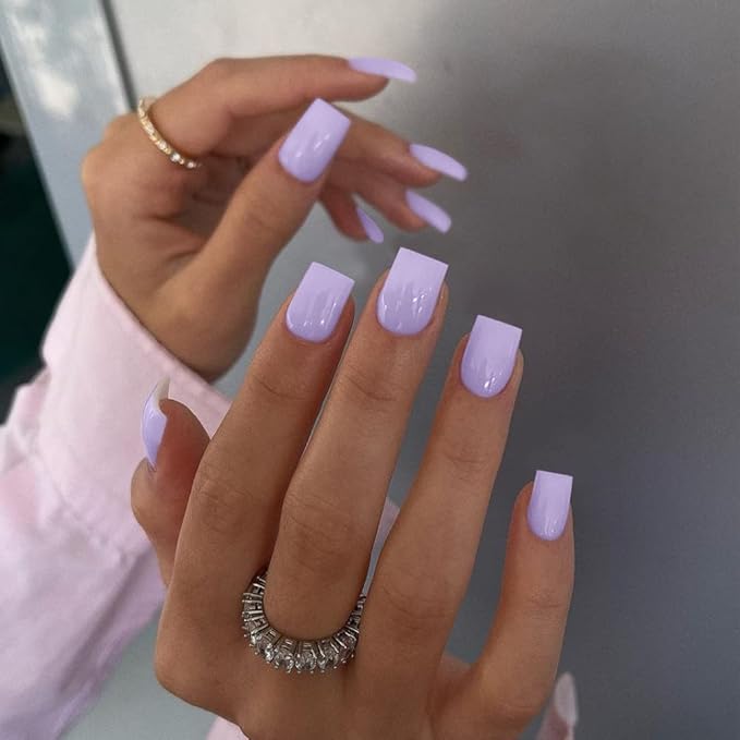 Light Purple Square Press on Nails Short,KQueenest Gel Glue on Nails Press on,Soft Short Fake Nails Set,Pure Stick on Nails for Women,Lilac Acrylic Nails Set,Natural Petite Nails for Daily Manicure