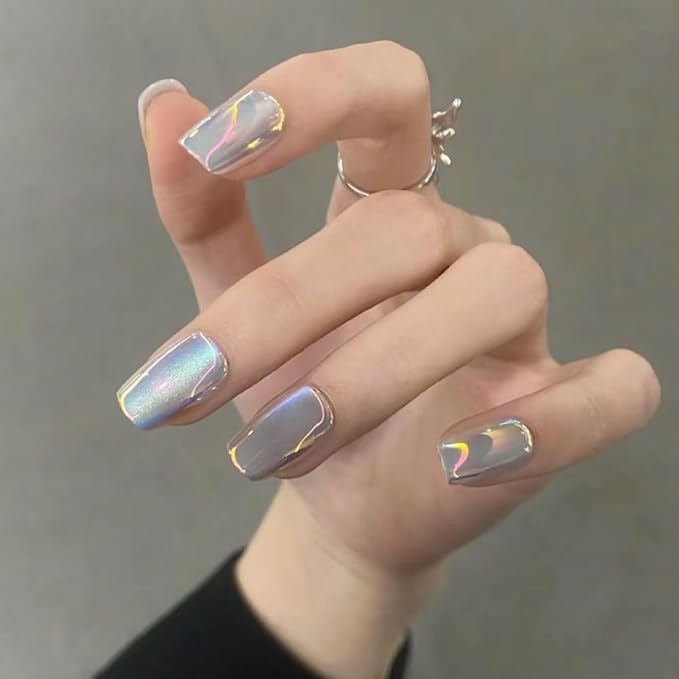 Chrome Press on Nails Short Square Fake Nails Metal Mirror Designs Glossy Acrylic Nails Blue Squoval Press ons Ombre Glue on Nails Stick on Nails for Women Girls Manicure 24 Pcs, Style 28