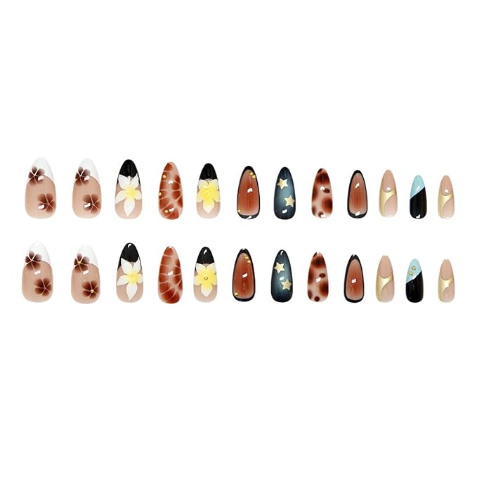 24Pcs Fall Flower Press on Nails Medium Almond Fake Nails with 3D Gold Balls Designs French Tip Glue on Nails Glossy Brown Full Cover Artificial Nail Autumn Holiday False Nail for Women Girls DIY