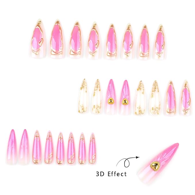 24Pcs Long Stiletto Press on Nails Pink White Gradient Fake Nails with Heart Rhinestones Designs 3d Gold Nail Tips False Nails Full Cover Glossy Artificial Glue on Nails for Women Manicure Decorations
