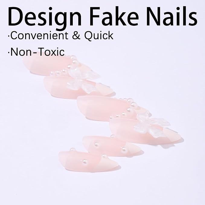 24Pcs French Tip Press on Nails Long Almond Fake Nails Pearls Nails Tip Design Cute False Nails Full Cover Glossy Stick on Nails Bow Charm Acrylic Nails French Artificial Nails for Women Girl Manicure