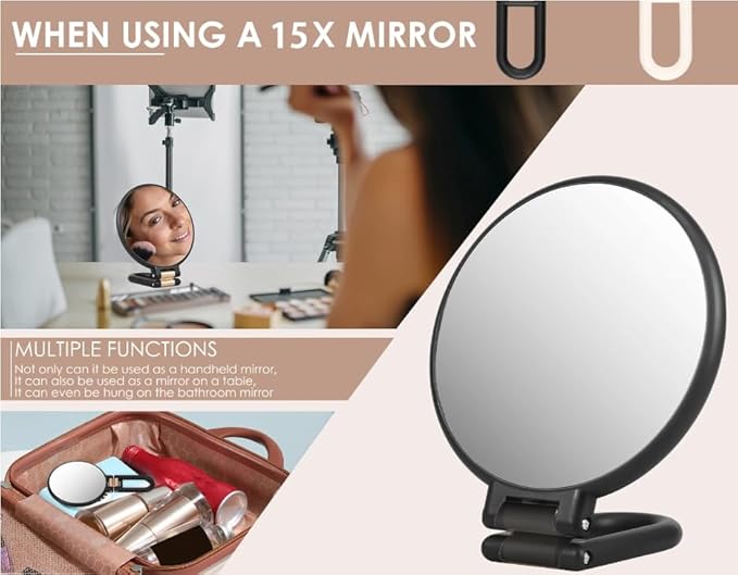 1X 5X Handheld Mirror with Handle for Travel， Magnifying Mirror, Magnification, Rotation Adjustable Handle, Double Sided Folding, Mirror for Women for Eyes Makeup Travel Shaving (Black)