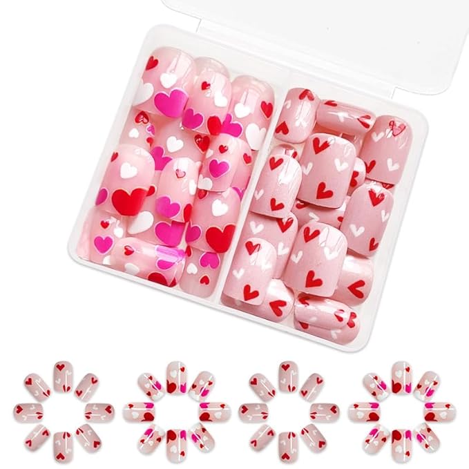 2 Packs 48Pcs Heart Press on Nails Short Square Fake Nails Valentine's Day False Nails Cute Heart Love Glue on Nails Kid Glossy Reusable Artificial Acrylic Nails for Women Girls Nails Decoration