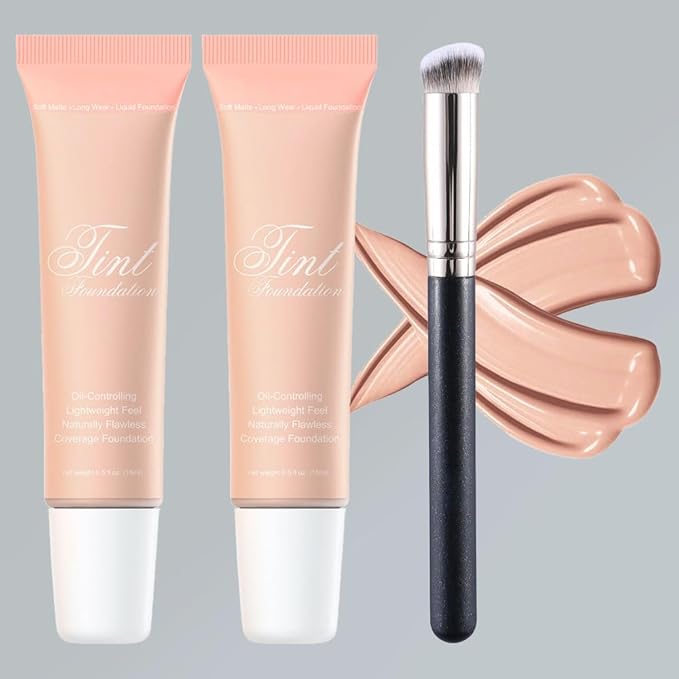 2 Pack Liquid Foundation Cream with Foundation Brush for Face Makeup,Durable Full Coverage Matte Concealer Make Up,Oil Control & Waterproof Base Primer -1 Fl.Oz (#03)
