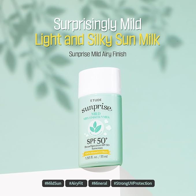 ETUDE Sunprise Sunscreen Mild Sun Milk SPF 50+ / PA++++ (55ml) | Sebum-free, Non-Sticky, Long Lasting Protection, 100% Mineral Korean Sunscreen for sensitive skin