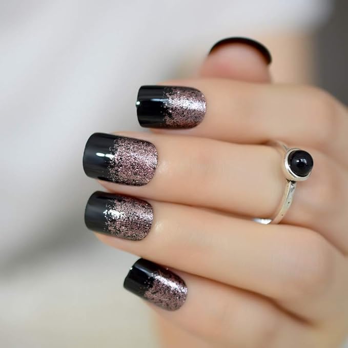 Black Light Coffee Brown Glitter French Press on False Nail Medium Short Square Shimmer Fake Nails Tips Salon Manicure Reusable DIY Fake Artificial Nails Art for Women Girls