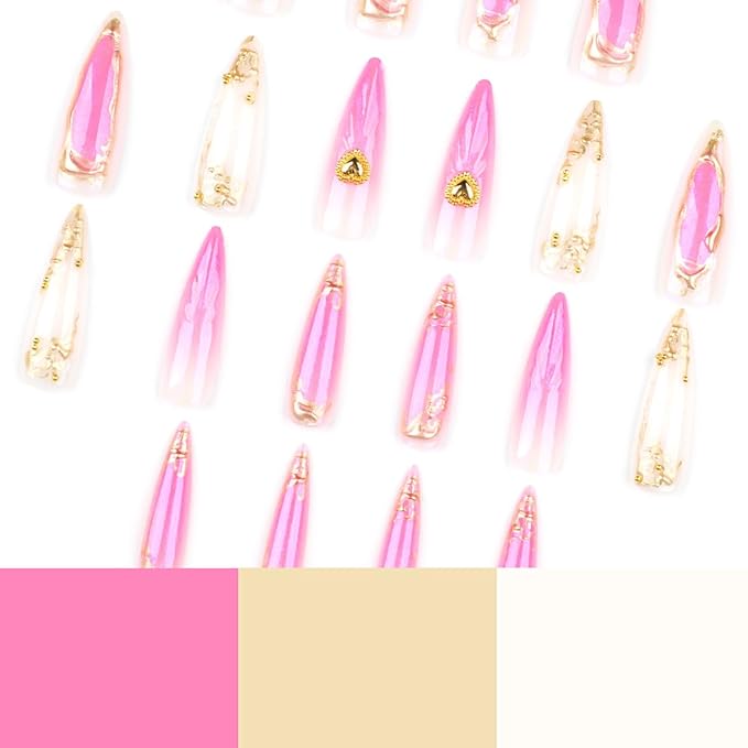 24Pcs Long Stiletto Press on Nails Pink White Gradient Fake Nails with Heart Rhinestones Designs 3d Gold Nail Tips False Nails Full Cover Glossy Artificial Glue on Nails for Women Manicure Decorations