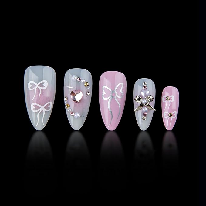 24Pcs Handmade Press On Nails Fake Nails with 3D Diamond Designs French Press on Bow False Nail Full Cover Rhinestones Love Stick on Nails For Women Medium Almond Nail Tips Set