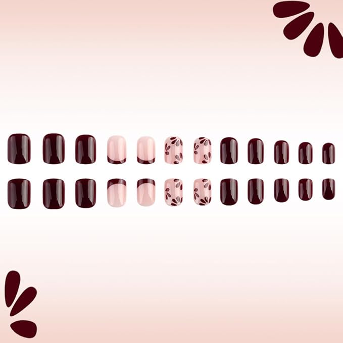 24Pcs Square Press on Nails Short Fake Nails with Brown Red Flower Designs Full Cover Glossy Acrylic False Nails Natural Fit French Tip Glue on Nails Stick on Nails for Women Spring Summer Nail Art