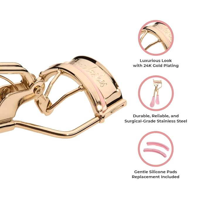 Eyelash Curler - 24K Gold-Plated Stainless Steel Precision Eye Lash Curler for Lush, Luxurious Lashes - Silicone Eyelash Curler Pads, Ergonomic Cushioned Handles - with Replacement Pads