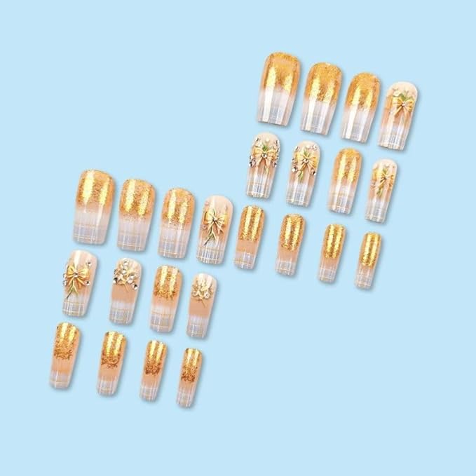Long Square Press on Nails Gold Fake Nails with Glitter Design French Tip False Nails Gradient Acrylic Nails for Women 24pcs