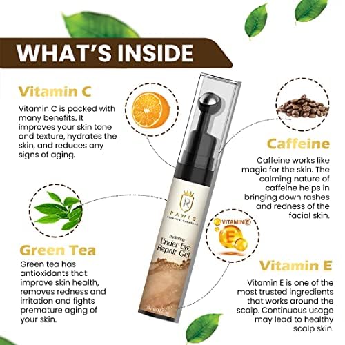 RAWLS 5% Caffeine Eye Serum and Under Eye Roller Cream for Dark Circles and Puffiness, Caffeine Eye Cream with 360° Massage Ball Reduce Wrinkles and Fine Lines-0.5 fl oz