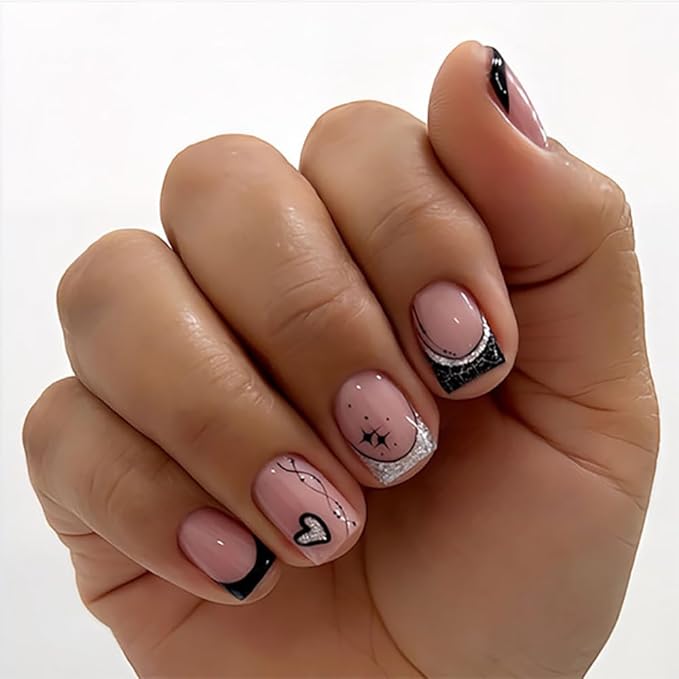 French Press On Nails Short Square, Pink Fake Nails with French Tips and Stellar Heart, Glitter Designs, Glossy Gel Finish Acrylic Short Press On Nails, Thick Reusable Glue On Nails Kit for Women