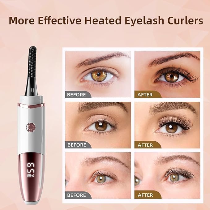 Heated Eyelash Curler, Fast Heat up Within 10s, 24 Hours Long Lasting, Rechargeable Electric Eyelash Curler, Temperature Control, Mini Lash Curler Safe Anti-Burn Eyelash Curle, with LED Display-White