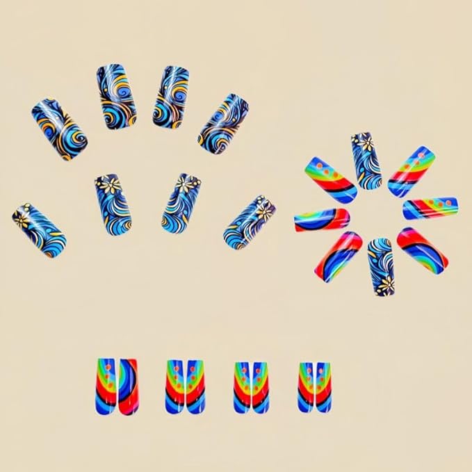 Long Square Press on Nails Colorful Fake Nails with Design False Nails Glue on Nails Stick on Nails for Women 24pcs