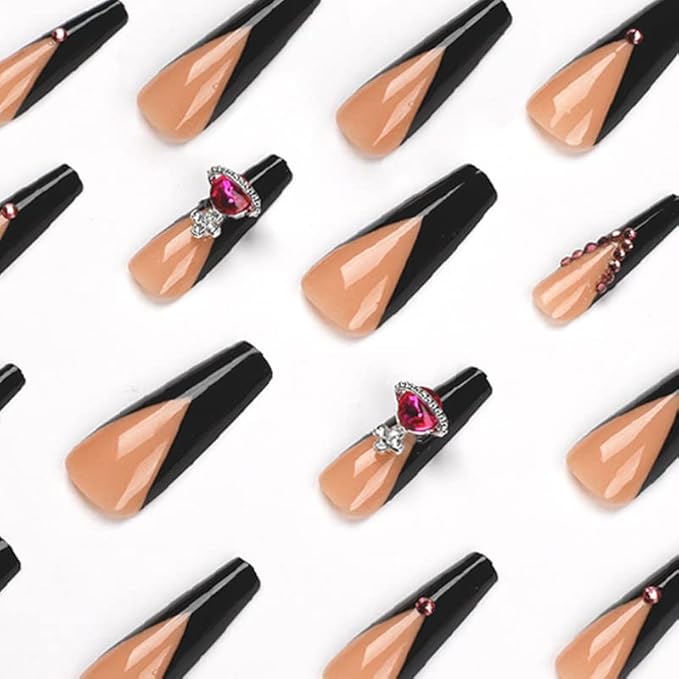 Long Press on Nails Square Fake Nails French Tip False Nails Black Artificial Nails with Designs Stick on Nails for Women 24pcs