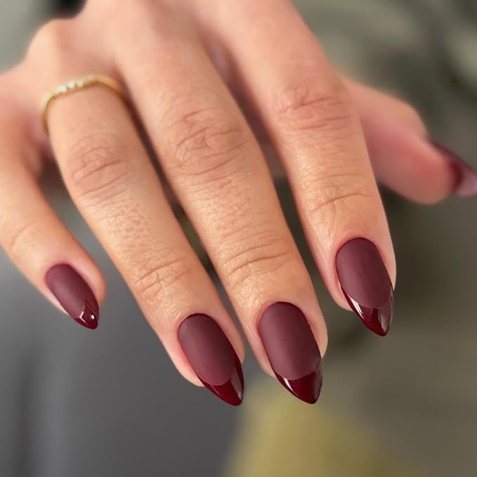 Burgundy Red French Tip Press on Nails Short Almond Nails Press ons, Short Fake Nails with Matte Finish, Dark Maroon French Glue on Nail False Nail for Women Fall Winter, in 32 Pcs 16 Sizes