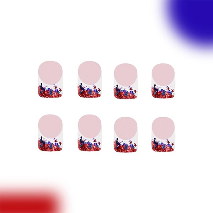 24Pcs 4th of July Nails French Tip Press on Nails with Designs Short Square Fake Nails Red White Glitter Nail Tips Acrylic Stick on Nails Full Cover Glue on Nails for Women Holiday Manicure Decoration