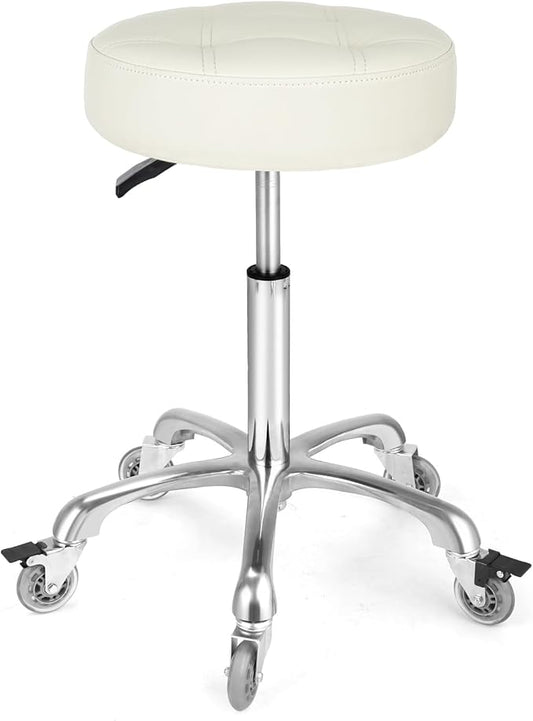Adjustable Heavy Duty Stool - Rolling Stools with Locking Caster Wheels - Swivel Stools Backless Chair for Home Kitchen Office Shop Tattoo Lash Tech Pedicure(Off White, Height 22 to 30 in)