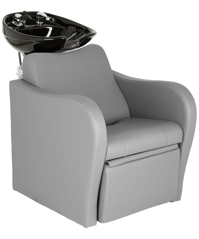 Buy-Rite Lexus Backwash Unit with Tilting Black Porcelain Shampoo Bowl, Extra Wide Foam Padded Seat, Kick-Out Leg Rest & European Style Single Handle Faucet - Gray Salon Shampoo Chair, TS-8018B