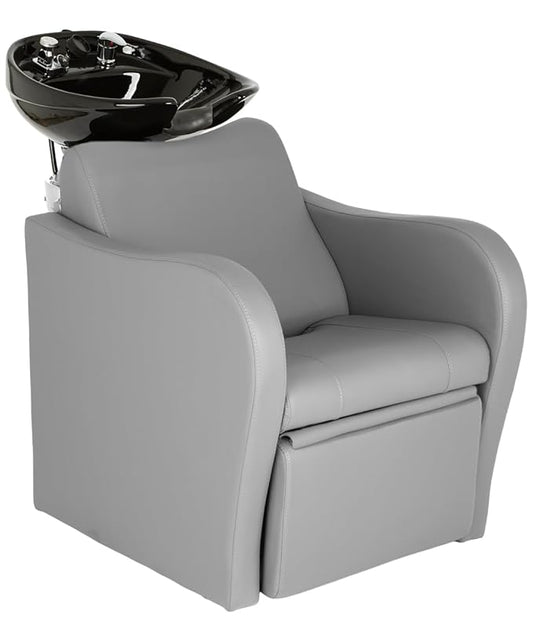 Buy-Rite Lexus Backwash Unit with Tilting Black Porcelain Shampoo Bowl, Extra Wide Foam Padded Seat, Kick-Out Leg Rest & European Style Single Handle Faucet - Gray Salon Shampoo Chair, TS-8018B